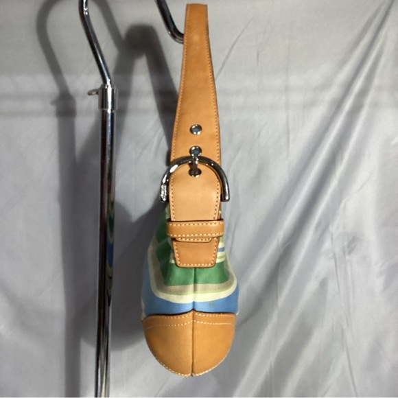 SOLD……COACH Blue Green Striped w/ Tan Leather Shoulder Bag L2J-9514 EUC - Picture 2 of 10
